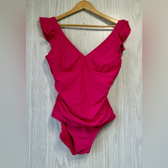 DKNY Plunging V-Neck Ruffle Shoulder One-Piece Swimsuit Size L LNC - Picture 3 of 5